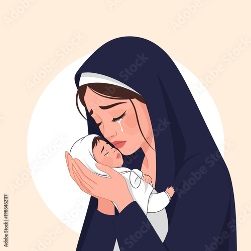 Vector illustration of a grieving mother wearing a dark blue hijab and white underscarf, crying with tears on her cheek while holding her infant baby wrapped in white cloth.