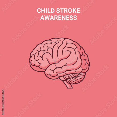 Vector illustration of a human brain icon for Child Stroke Awareness, featuring a lateral view of the cerebral cortex on a pink background for medical education and health campaigns.