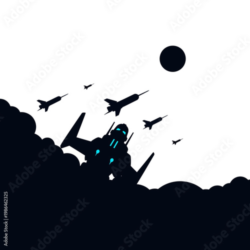 Minimalist vector illustration of a giant robot silhouette with glowing blue eyes emerging from clouds, surrounded by a fleet of fighter jets flying towards a black celestial body.