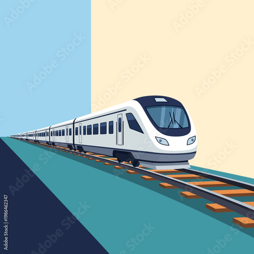 Flat vector illustration of a modern high-speed passenger train moving on railway tracks, featuring a minimalist geometric design with a clean blue and beige background sky.