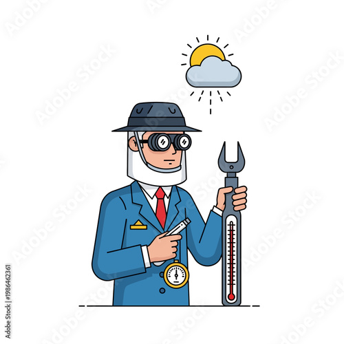 Vector illustration of a male meteorologist or weather observer in a blue suit holding a large thermometer and barometer with sun and cloud icon symbols on a white background.