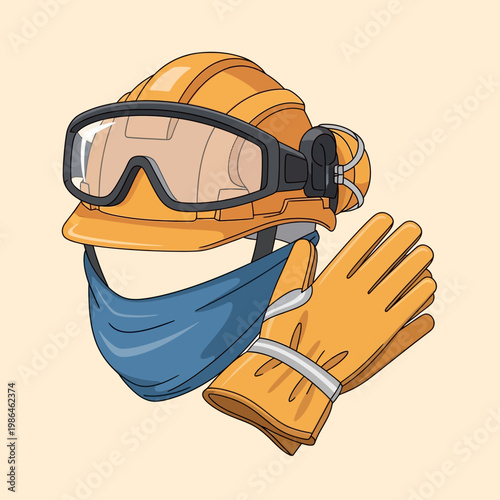 Vector illustration of personal protective equipment including an orange hard hat with safety goggles and earmuffs, a blue neck gaiter, and orange industrial leather work gloves.