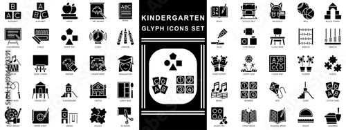 Kindergarten Glyph Icons Set. Contain alphabet, art board, backpack, shape toy, drum, eraser, playground, puzzle and more. Vector for modern concept, print, UI, UX kit, web and app development.