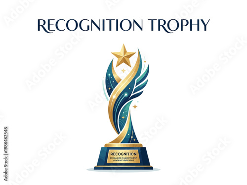 Award recognition trophy with star and wings design, symbolizing achievement and success, presented on a pedestal with a plaque