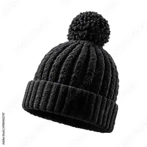 black knitted beanie with pompom, isolated on transparent background