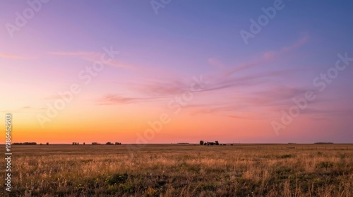 Golden hour field under a purple and orange sunset sky with horizon line