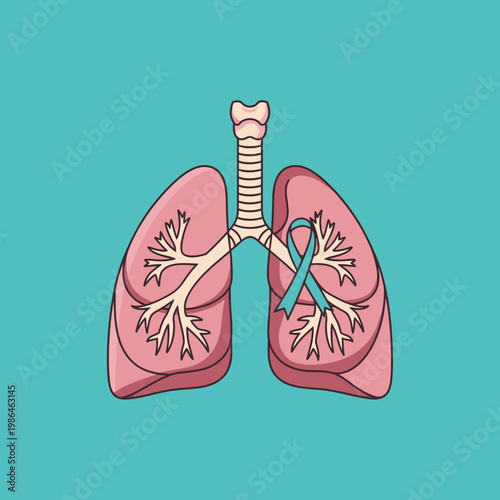 Vector illustration of human lungs and trachea with a teal awareness ribbon on the lung, centered on a light blue background for asthma and respiratory health awareness.
