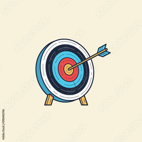 Flat vector illustration of a circular archery target on wooden legs with a single arrow hitting the yellow bullseye center, featuring colored rings of white, black, blue, and red.