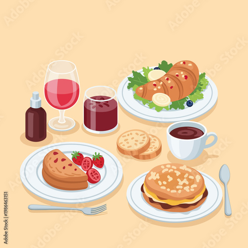 Flat vector illustration of a brunch table setting featuring a croissant with salad, breakfast sandwich, pancakes with strawberries, coffee, fruit juices, and sliced bread.