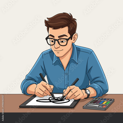 Cartoon vector illustration of a young male digital artist wearing glasses and a blue shirt, drawing on a graphic tablet with two styluses on a desk alongside a color palette.