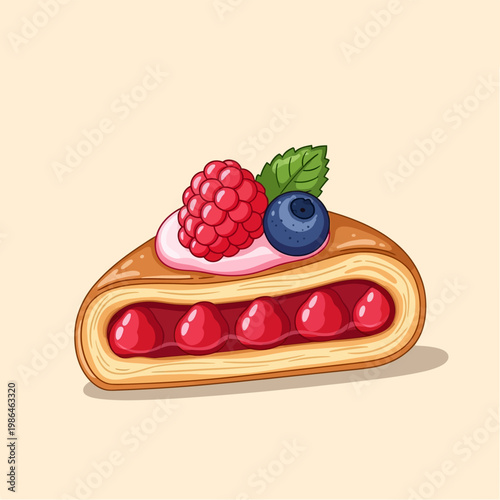 Vector illustration of a flaky pastry slice with red berry jam filling, topped with a fresh raspberry, a blueberry, and a green mint leaf, isolated on a light cream background.