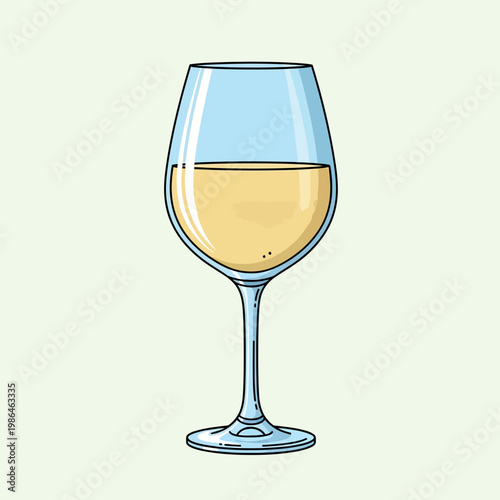 Vector illustration of a single wine glass filled with pale yellow white wine, featuring black outlines and blue highlights on the glass bowl and stem, isolated on a light background.