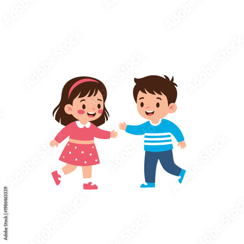 Cartoon illustration of a young girl in a pink polka dot dress and a boy in a blue striped shirt smiling and reaching towards each other, representing happy siblings or friends.