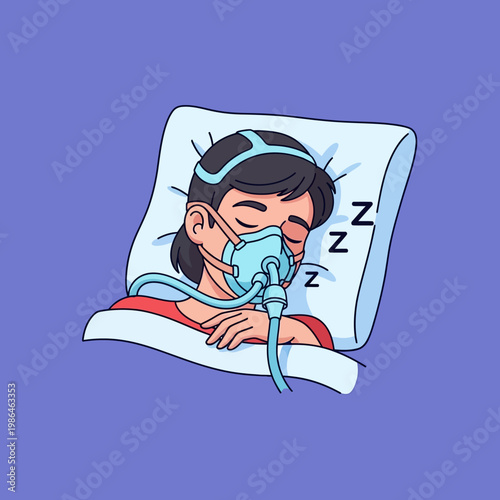 Vector illustration of a woman wearing a CPAP mask connected to a breathing tube while sleeping on a white pillow, depicting sleep apnea therapy and respiratory medical treatment.