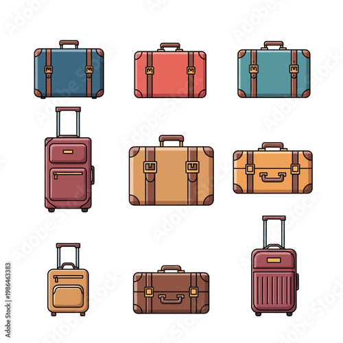 Collection of nine travel luggage icons featuring vintage trunks with leather straps and buckles and modern trolley suitcases with retractable handles on a white background.