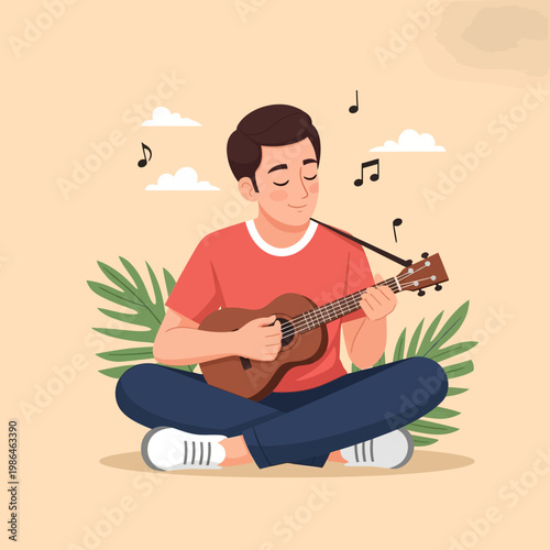 Vector illustration of a young man sitting cross-legged while playing a brown ukulele with closed eyes, featuring musical notes, tropical palm leaves, and clouds on a beige background.