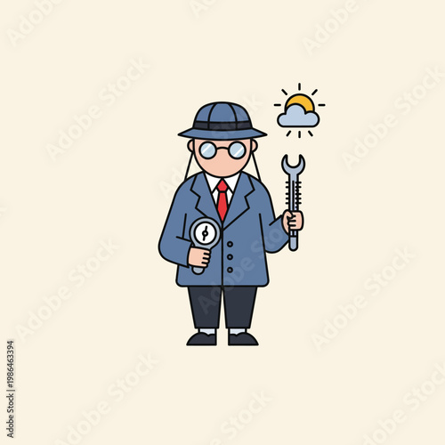 Vector illustration of a weather observer or meteorologist character in a blue coat and hat holding a barometer and technical tool with a sun and cloud icon on a plain background.