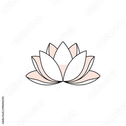 Minimalist vector illustration of a blooming lotus flower with white and light pink petals and black outlines, isolated on a white background for yoga, meditation, and spa designs.