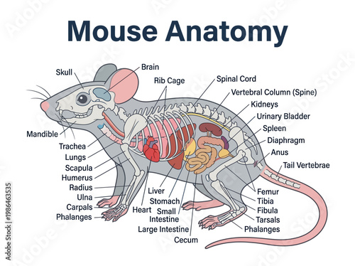 Detailed illustration of a mouse anatomy, showcasing skeletal structure and internal organs, labeled for educational purposes