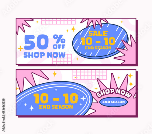 Bright promotional banner with 50 percent discount and end season sale text in playful style. Ideal for marketing, ecommerce, advertising, and retail campaigns vector hand drawn style