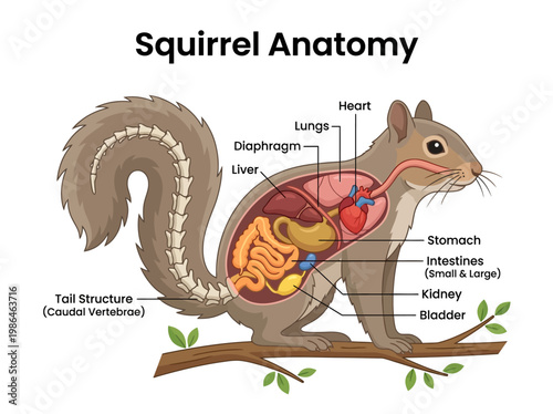 Detailed illustration showcasing the internal anatomy of a squirrel, highlighting major organs and skeletal structure