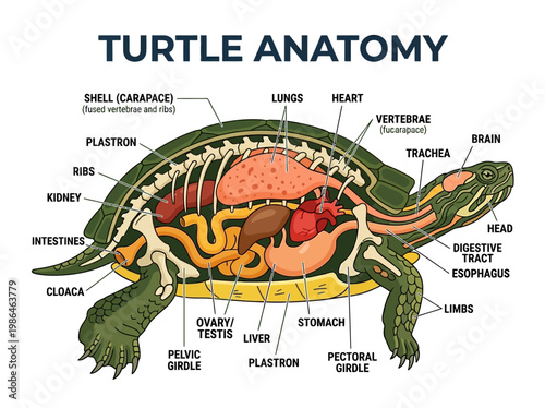 Detailed illustration of a turtle's internal anatomy, showcasing its organs and skeletal structure