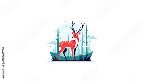 Red Deer with Large Antlers Standing.