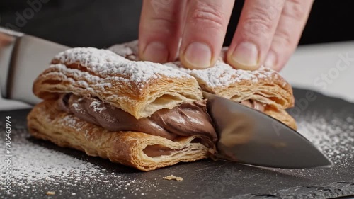 Close-up of Chocolate Filled Pastry with Powdered Sugar