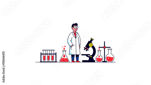 Scientist in lab coat working microscope.