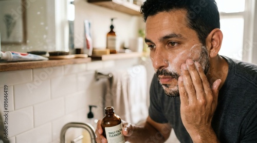 Man applying foam or cream to his face from a bottle at the bathroom sink