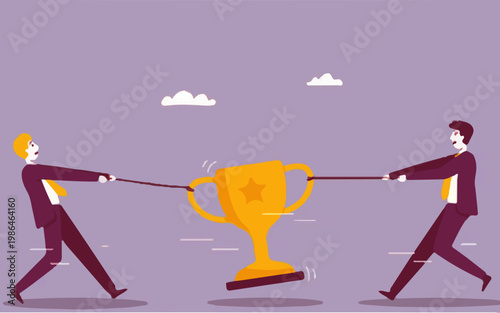 Two businessmen competing for success prize,Corporate competition over victory trophy,Business rivals fighting for winning cup, Soccer players competing for cup