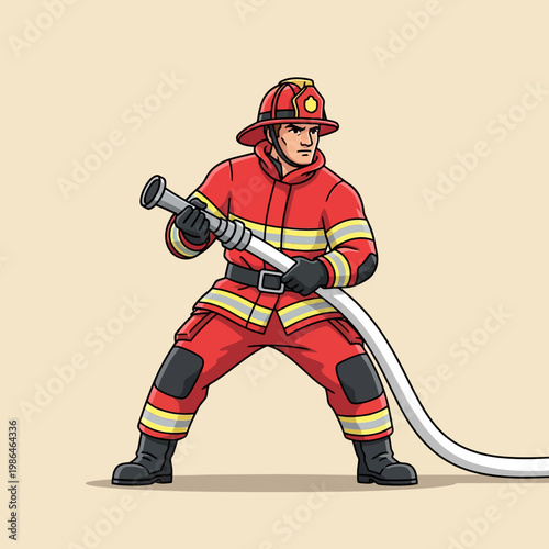 Vector illustration of a male firefighter in red protective turnout gear and helmet, holding a pressurized fire hose with a metal nozzle, standing in a bracing pose on a plain background.