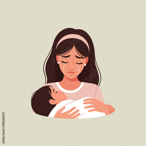 Flat vector illustration of a grieving mother with dark hair and tears on her cheeks holding a baby wrapped in a white blanket, symbolizing sorrow, mourning, and infant loss.