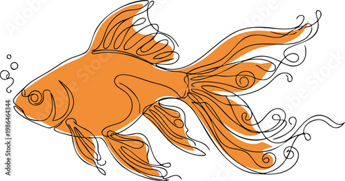 Continuous one-line drawing of orange goldfish with flowing fins in a swimming curve, flat orange color.