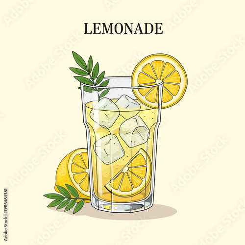 Hand-drawn vector illustration of a tall glass of cold lemonade with ice cubes and lemon slices, featuring green herb garnish and the word LEMONADE on a plain light background.