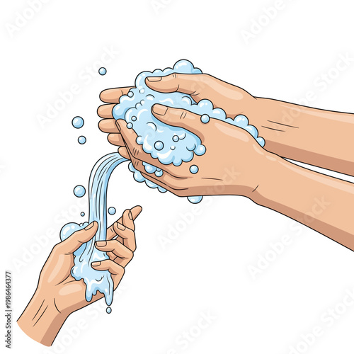 Illustration of human hands being washed with soap bubbles and rinsed under a stream of water, demonstrating personal hygiene practices, sanitation, and handwashing techniques.