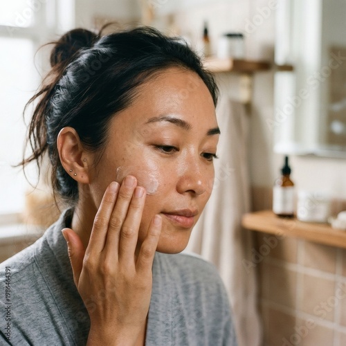 Close up of woman applying skincare product to her face in bathroom