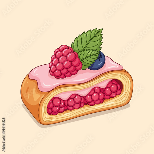 Vector illustration of a sliced raspberry pastry roll with pink icing glaze, filled with whole red raspberries, topped with a fresh berry, blueberry, and green mint leaves.