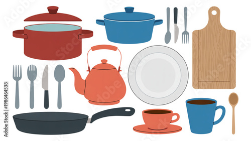 Assorted colorful kitchen cookware and utensils displayed together Vector
