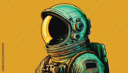 Detailed Astronaut Illustration in Teal and Gold Against a Yellow Backdrop.