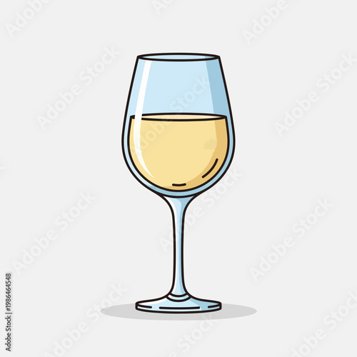 Minimalist vector illustration of a single stemmed wine glass filled with pale yellow Sauvignon Blanc white wine, isolated on a light gray background with clean black outlines.