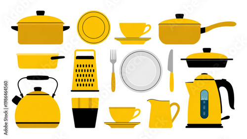 Assorted kitchenware including pots, kettle, and utensils in a flat illustration style Vector