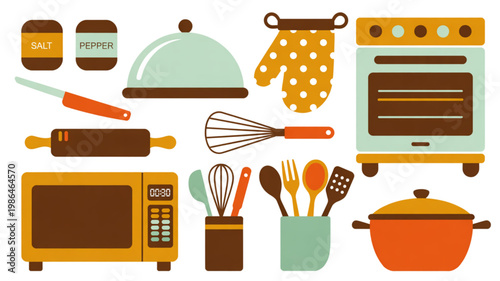 Colorful assortment of kitchen utensils and baking tools on a flat surface Vector