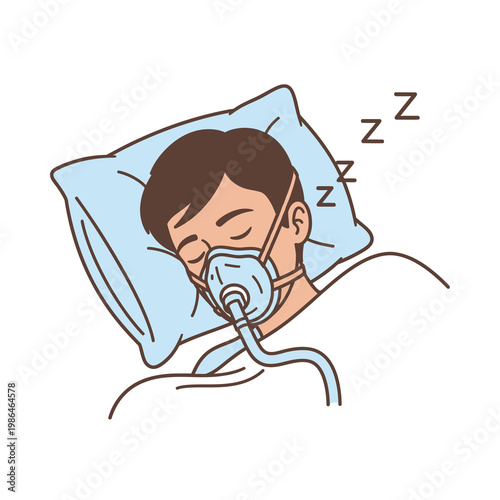 Vector illustration of a man sleeping on a pillow wearing a CPAP respiratory mask and tubing for obstructive sleep apnea treatment, isolated on a white background.