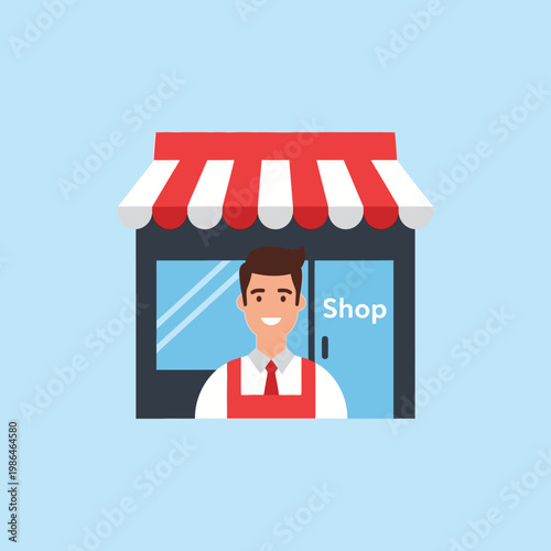 Vector illustration of a smiling male shop owner wearing a red apron and tie standing in front of a storefront with a red and white striped awning on a light blue background.