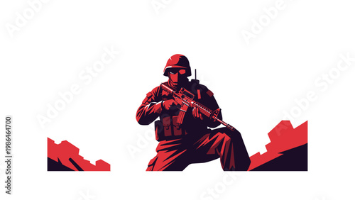 Soldier in combat gear kneeling down.