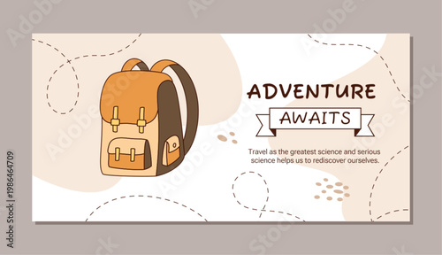 Colorful adventure backpack doodle on horizontal background. Travel bag as camp trip concept and tourist expedition awaits in brown graphic style for holiday, journey or equipment idea.