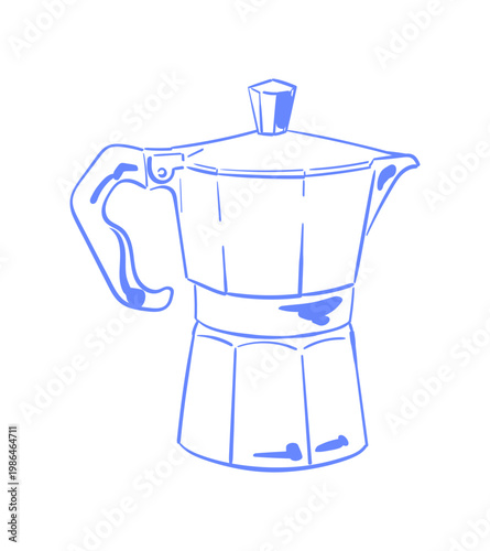 Vintage breakfast espresso coffee pot doodle. Hand drawn moka pot icon as cozy kitchen object and cute cafe symbol. Retro italian drink motif in soft blue ink line sketch for menu art and restaurant