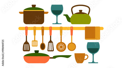 Assorted kitchen utensils and cookware displayed on a wooden shelf Vector