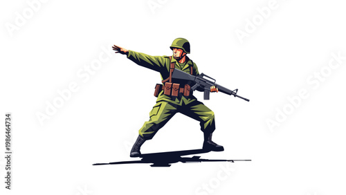 Soldier in green uniform holding rifle.